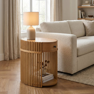 Estie Wood Slatted Chairside End Table With Charging Station