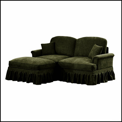 Elegant Mid Century Large Two Seater Modular L Shaped Sofa Couch With Flared Arms And Removable Ruffles Pleats Skirts, Comfy Chenille Loveseat Sofa With Movable Ottoman
