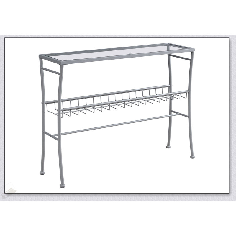 Élégante console étroite avec plateau en verre trempé transparent et structure en métal argenté pour les entrées et les salons modernes
