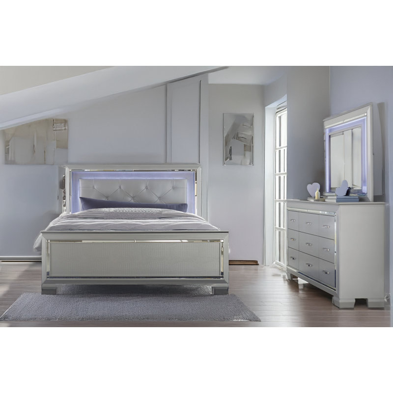 Ursula Silver Faux Leather Upholstered Tufted LED Panel Bedroom Set, Silver, King
