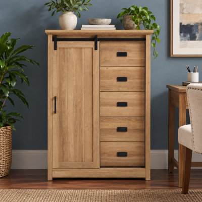 Farmhouse 5-Drawer Dresser with Sliding Barn Door, Tall Storage Chest Cabinet with Adjustable Shelves for Bedroom, Hallway and Living Room
