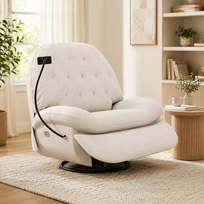 Fauteuil inclinable et berçant inclinable 42 po en tissu doux crème avec port USB, support pour téléphone et repose-pieds réglable