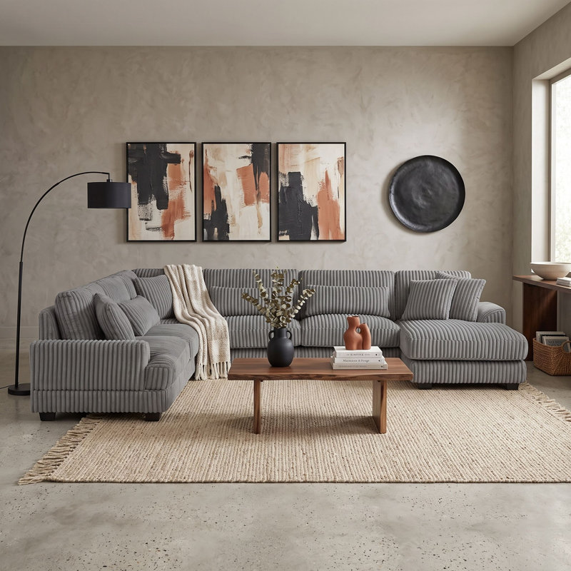 Canapé modulaire en U en velours côtelé 5 places avec méridienne et accoudoirs courbés, Gris foncé