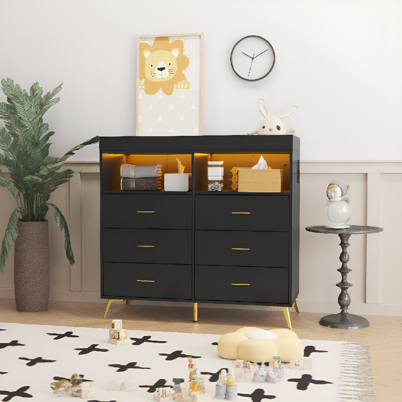 Dresser for Bedroom with 6 Drawers, LED Lights & Charging Station, Baby Changing Station, Black