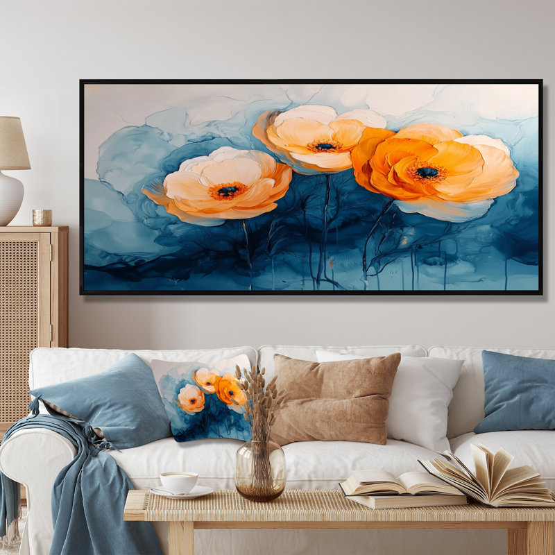 Aquarelle de fleurs de renoncule, rivière IV - art mural Renoncule, H 28 po x l 60 po, Floater Framed, Noir, noir, noir, noir