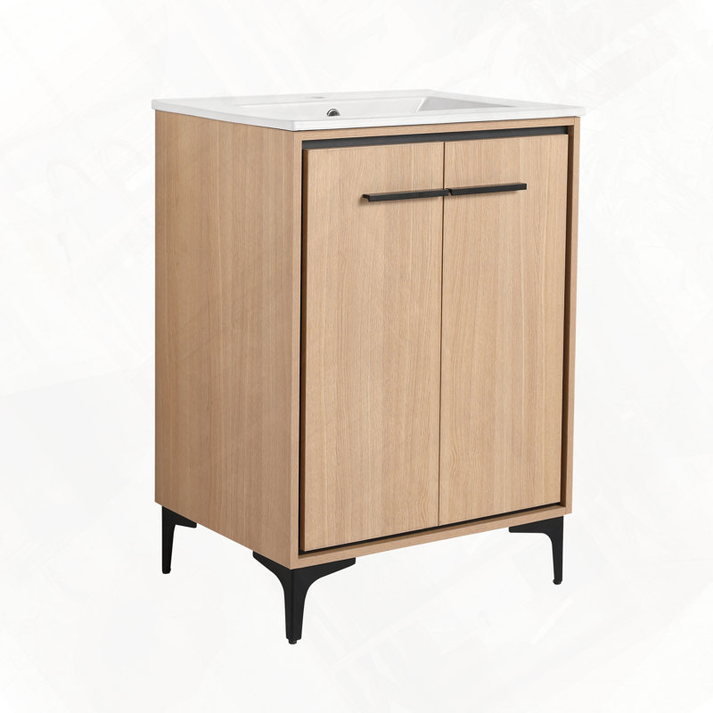 Base de meuble-lavabo de salle de bain avec armoire de rangement avec portes en bois d'ingénierie facile à assembler, 24"
