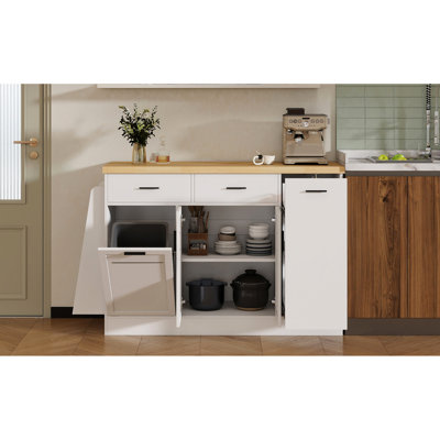 Stylish Kitchen Island With Hidden Pull - Down Trash Cabinet, 3 Tier Spice Rack, And Two Tone Design. Double Door Cabinet Drawers For Storage