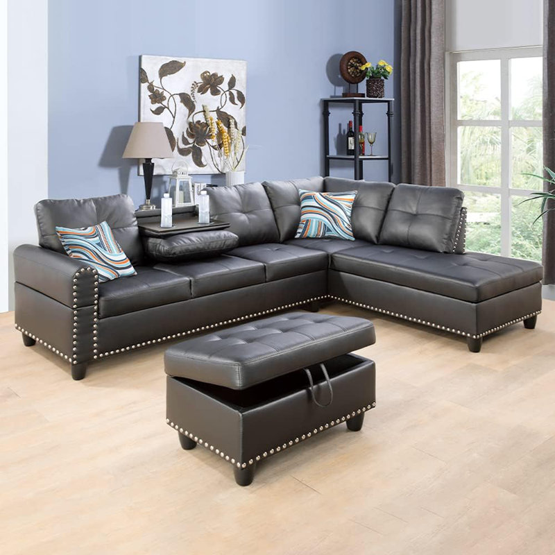 3-piece Synthetic Leather Sectional Sofa, Black Faux Leather