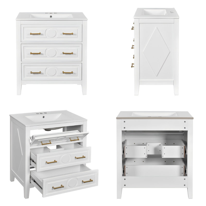 Ensemble de meuble-lavabo 30 po avec lavabo en céramique 30 po et 3 tiroirs, Blanc, Doré