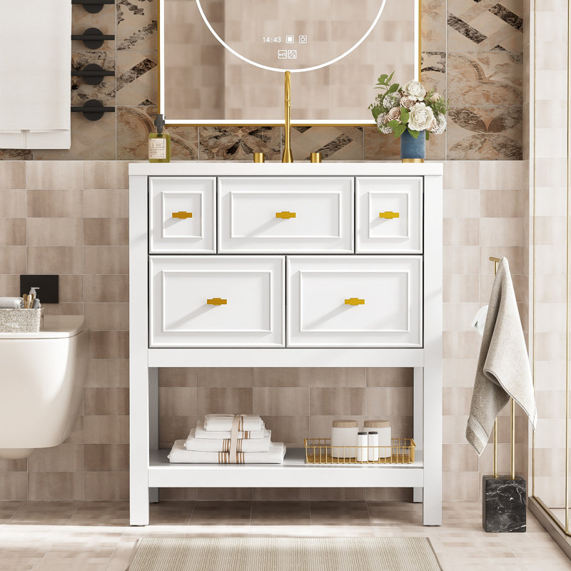 Armoire de salle de bain moderne 30 po - lavabo en céramique, bois massif, 5 tiroirs, meuble-lavabo blanc avec cadre en bois