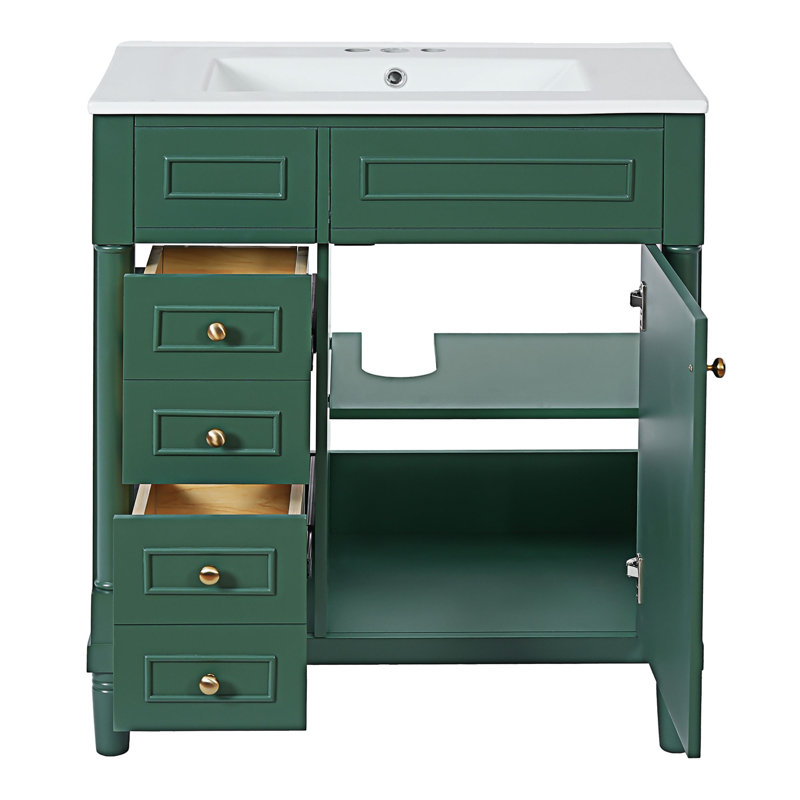 Meuble-lavabo autoportant avec lavabo, Vert, Doré