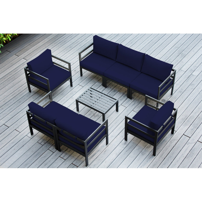 Ensemble de conversation d'extérieur pour 7 personnes avec coussins Javarne, Sunbrella bleu marine