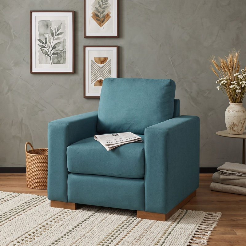 Fauteuil rembourré avec piètement en bois, Bleu