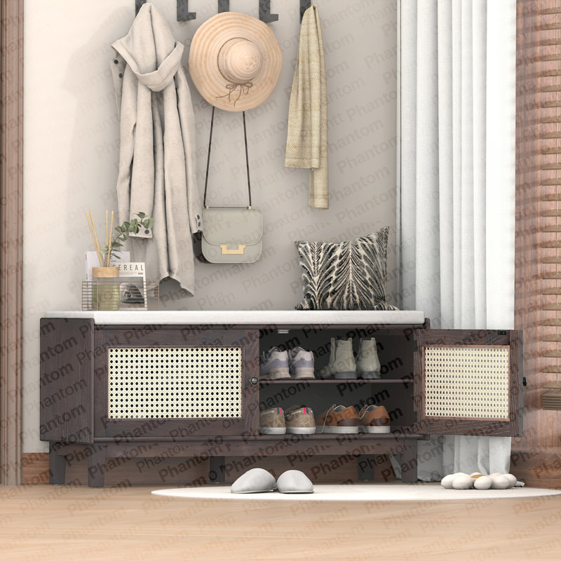 Banc d'entrée en rotin avec rangement Boho, Espresso