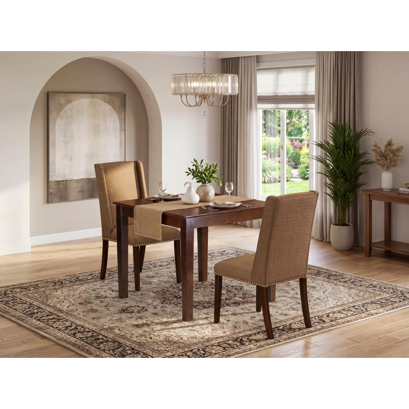 L'ensemble de 3 tables de salle à manger modernes comprend une table carrée en bois et 2 chaises rembourrées en tissu de lin brun, acajou