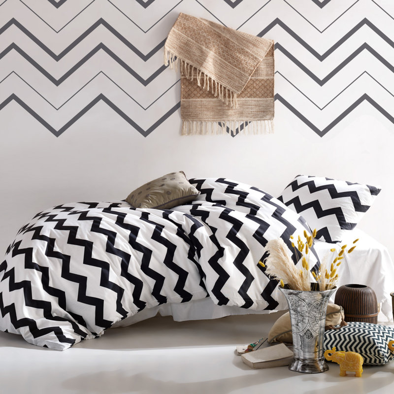 Ensemble de housse de couette en mélange de coton noir / blanc Soler, Housse de couette 55 po x 79 po + 1 taie d'oreille