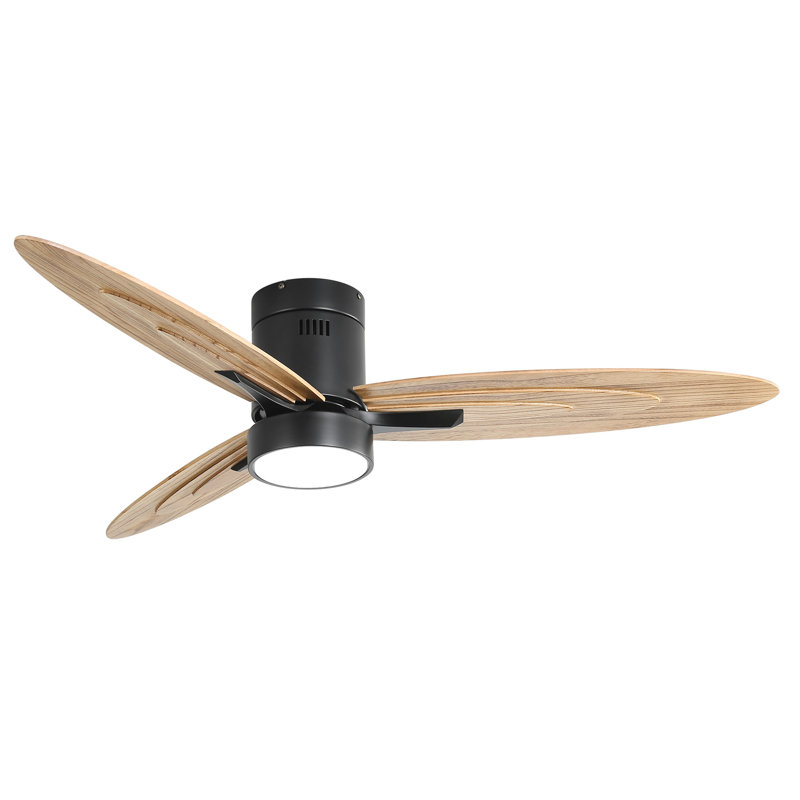 Ventilateur de plafond encastré de 56 pouces de conception moderne avec lumière et télécommande, moteur à courant continu réversible à 3 pales en bois massif noir
