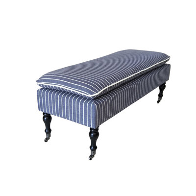 SEAT4U Prebe Bedroom Hallway Bench with Indigo Blue Ticking Linen Blend Fabric Upholstered 