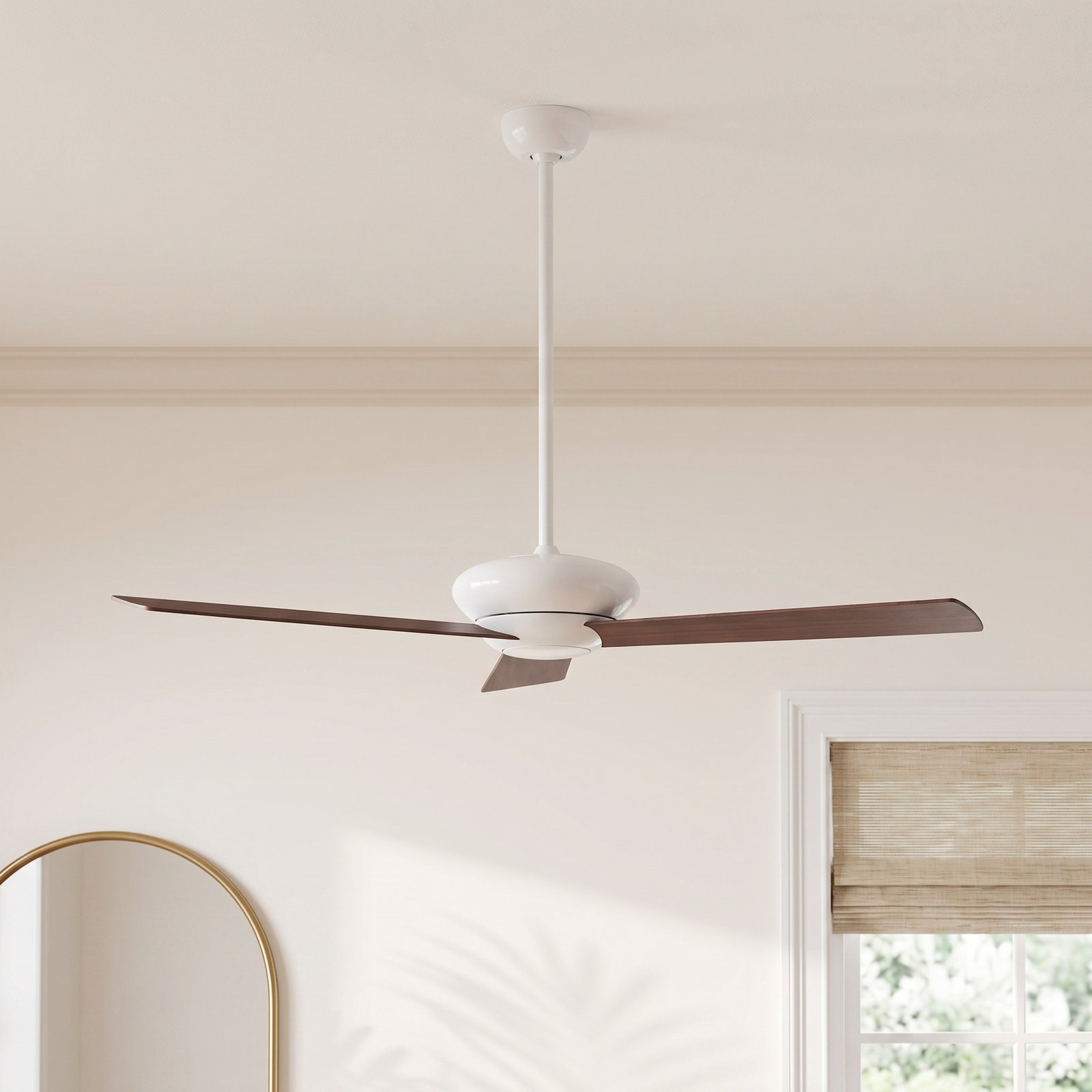 52" Ceiling Fan, Gloss White, Handheld Remote Control (2-wire), Mahogany