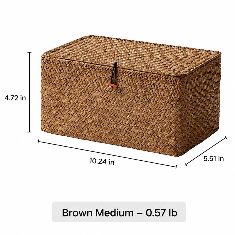 Boîte de rangement tissée avec couvercle, [Moyen], Brun