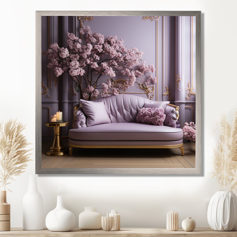 Canapé lilas orné d'accents dorés II - lilas, art mural pour le salon, Cadre flottant noir, 16" H x 16" W