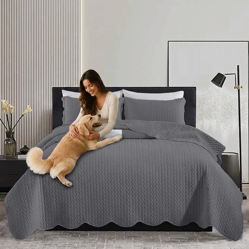 Microfiber Embossed Bedspread Set, Gray, California King Bedspread + 2 King Shams