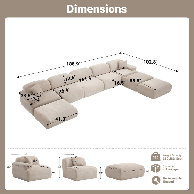 188" U Shaped Sectional Oversized Modular Sofa Chenille Corduroy Compression Sofa, Khaki Polyester Blend