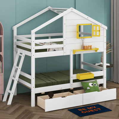 Twin Over Twin Bunk Bed With 2 Drawers, 1 Storage Box, 1 Shelf, Window And Roof, Wood Playhouse Bed Frame For Kids Teens