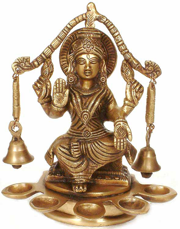 Lampe à huile 8,5 "en laiton Lakshmi fabriquée à la main - 5-mèches Diya avec clochettes et cadre pour décoration Puja et Diwali (2,4 kg)