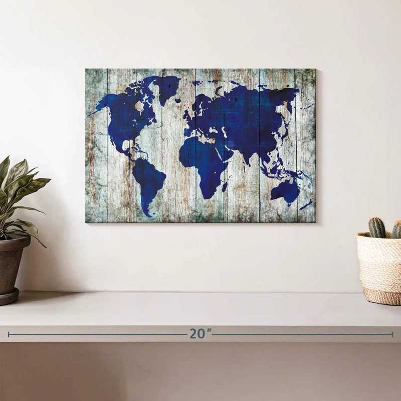 Carte du monde bleu Aliaz sur bois, H 8 po x l 12 po