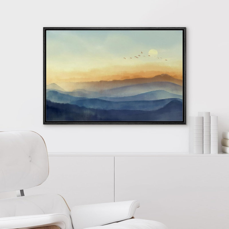 Abstrait paysage pastel, montagne, lever de soleil, photo, mininal, grand, impression sur toile encadrée, Cadre flottant noir