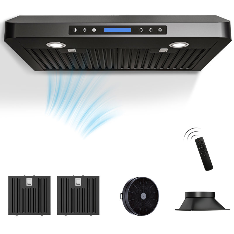 Hotte sous un meuble à conduit 30 pouces 800 pi³ / min 4 vitesses en acier inoxydable noir avec télécommande et panneau tactile avec lumières DEL