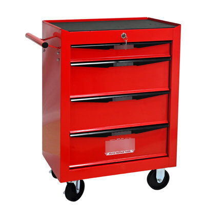 Rolling Metal Tool Chest, 4 - Drawer With Bearing Drawers, Red & Black, 4" , Key Lock For Security 20" Multifunctional Chest Cabinet, Steering Wheels, Slides Smooth Operation