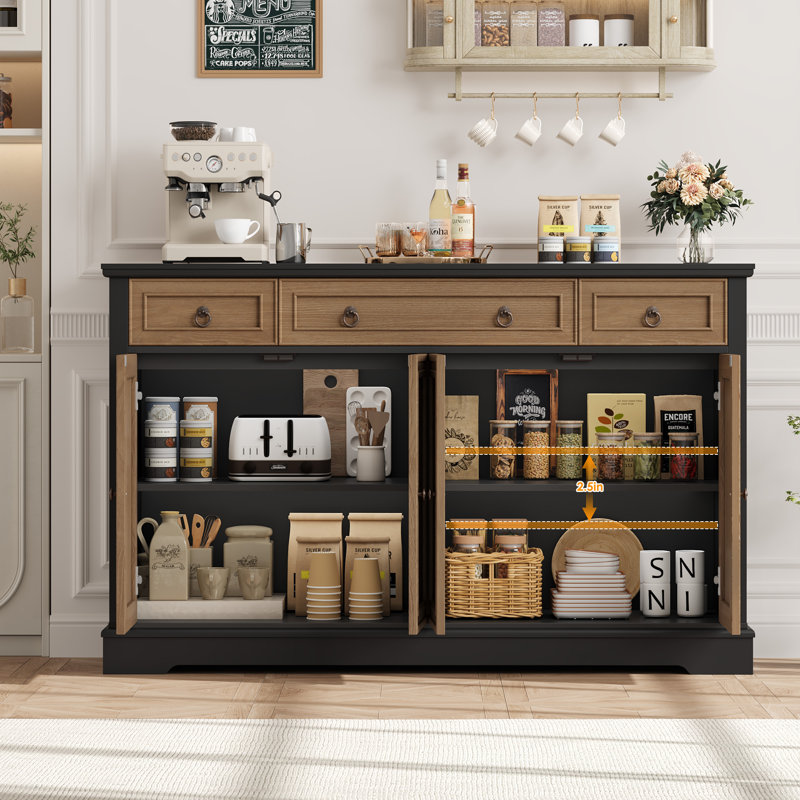 Buffet de 54 po Shondolyn avec tiroirs, armoires de rangement crédence (tablette réglable), Black/Brown