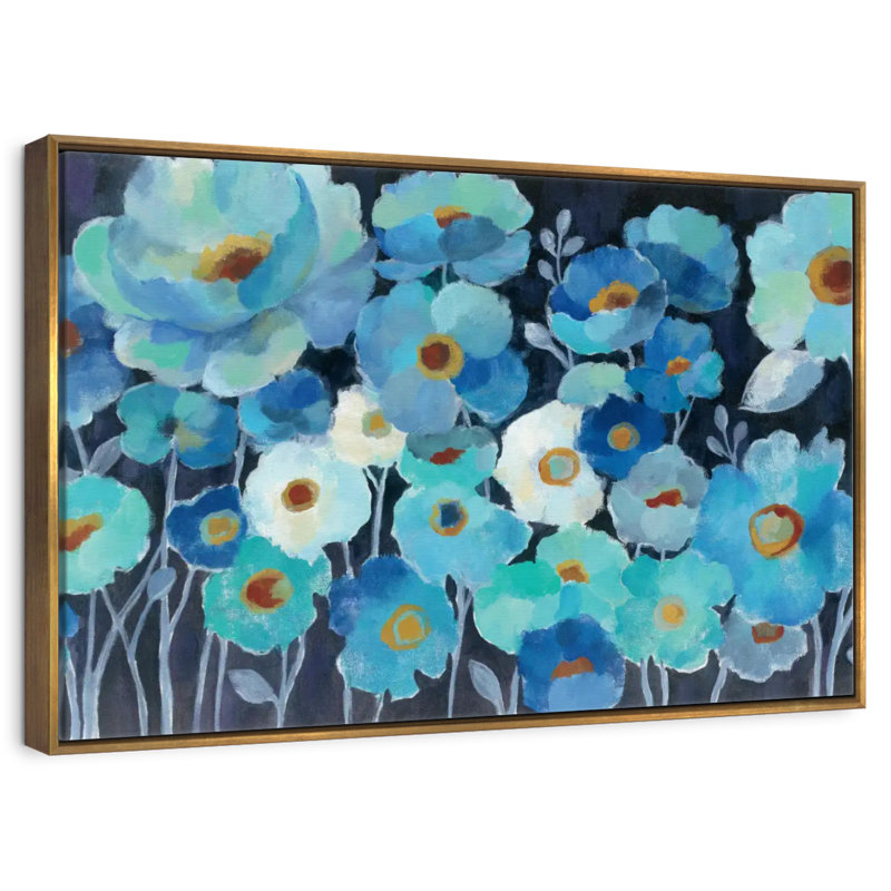Fleurs indigo, 25 po x 17 po, Cadre flottant doré
