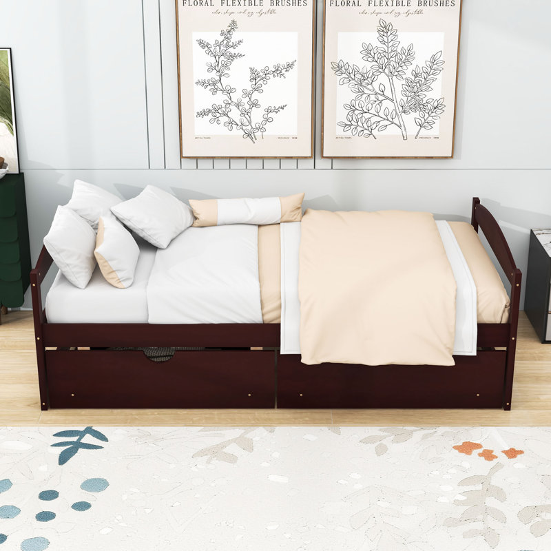 Lit plateforme simple en bois avec deux tiroirs de rangement, Espresso