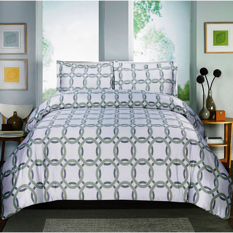 Sateen Geometric Fitted Sheet, Green, Full  Fitted Sheet with 2 Pillowcases