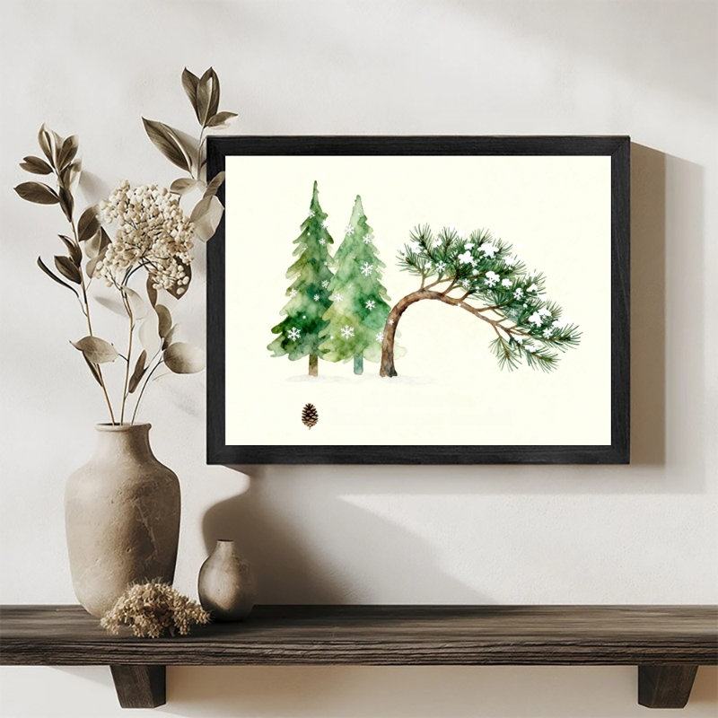 Aquarelle encadrée noire, pin de Noël rétro, aquarelle murale, H 25 po x l 37 po