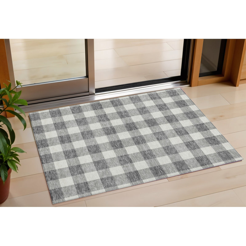 HomeRoots 3' X 5' Gray And Charcoal Plaid Washable Indoor Outdoor Area Rug