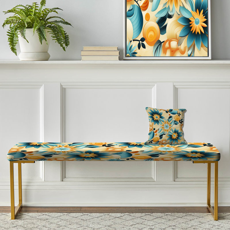 Retro Blue And Beige Floral Kaleidoscope - Vintage Upholstered Gold Bench