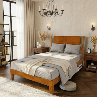 Twin Size Deluxe Bed Frame With Headboard With Solid Wood, No Box Spring Needed,  Easy Assembly, Rustic Golden Brown