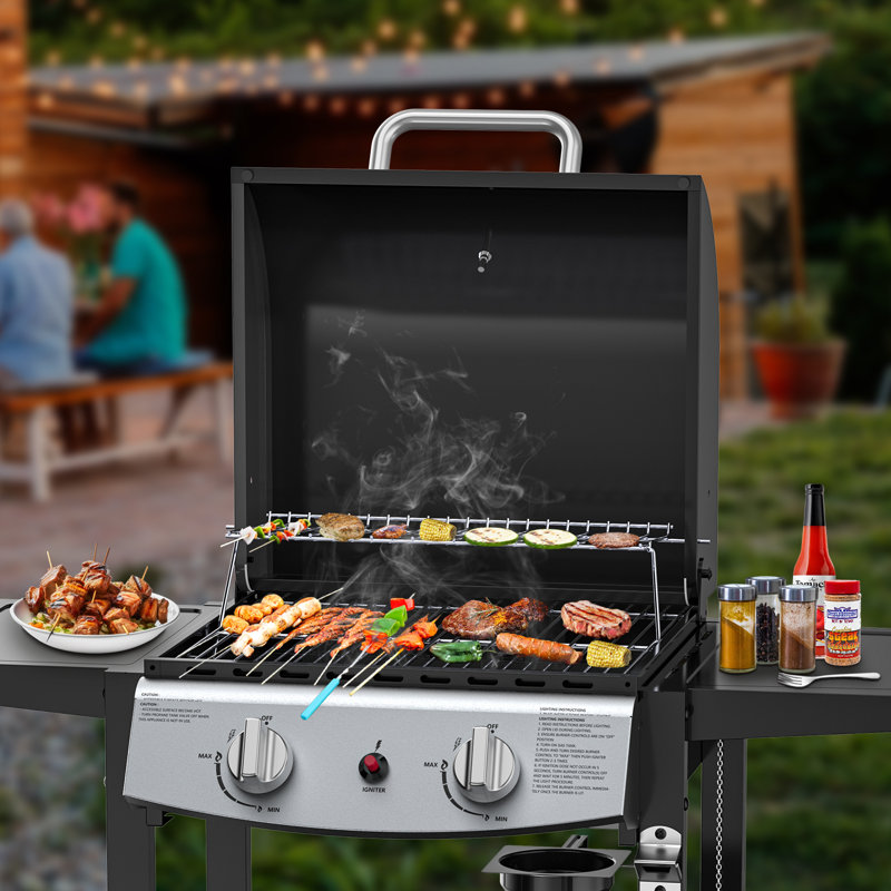 Barbecue au propane en acier inoxydable à 2 brûleurs R.W.FLAME 20 000 BTU - noir, avec couvercle, roues et thermomètre - Barbecue d'extérieur