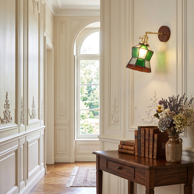 Applique murale en verre coloré rétro avec applique en laiton et bois, lampe murale décorative
