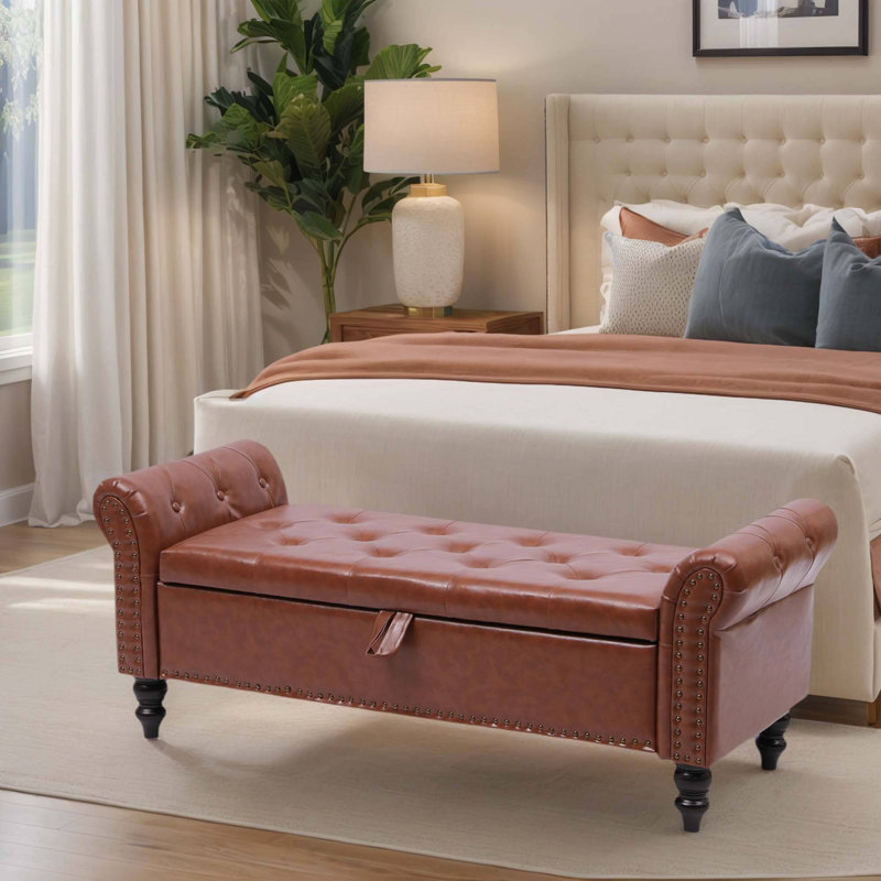 Banc de rangement en tissu, Brun, Faux cuir