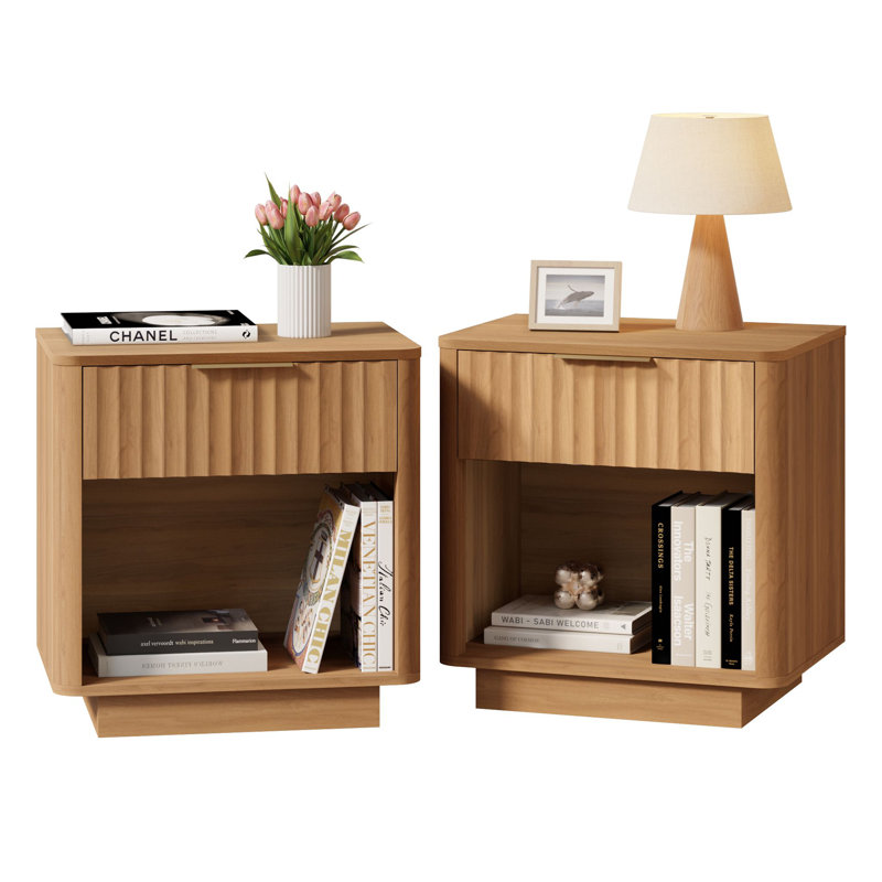 21.6"W Fluted Wooden Nightstand, White/Oak, Individual
