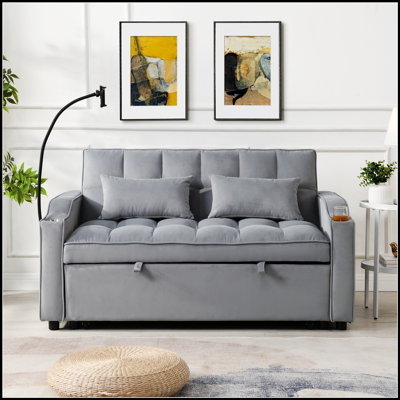 Modern Velvet Loveseat Futon Sofa Couch with Pullout Bed, Adjustable Reclining Backrest, Toss Pillows, and Pockets for Living Room