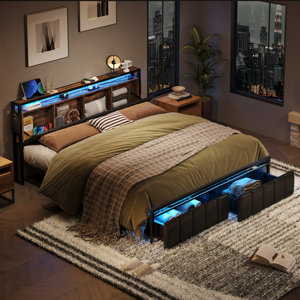 Brisna Bed with PU Leather Upholstered Storage Headboard and LED Lights Charging Station(similar to stock photo) black 