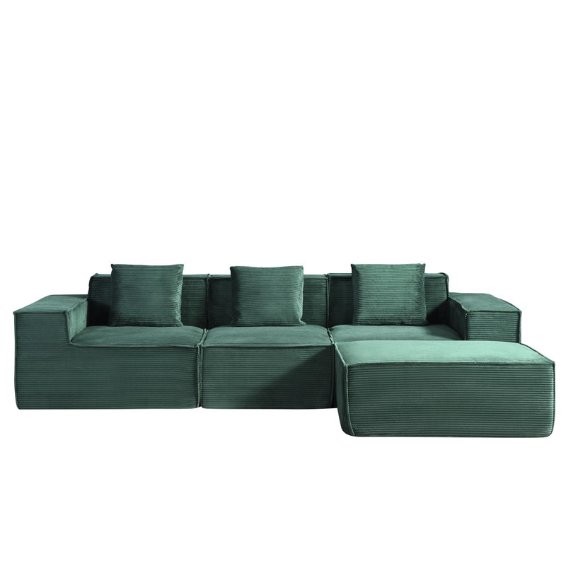 Canapé modulaire convertible en velours côtelé avec repose-pieds et coussins, Velours côtelé vert foncé