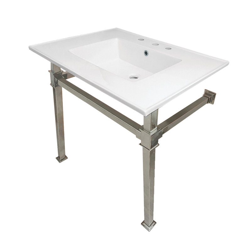 Kingston Brass Monarch 31-Inch Ceramic Console Sink with Stainless Steel Legs (4-Inch, 3-Hole), White/Polished Nickel