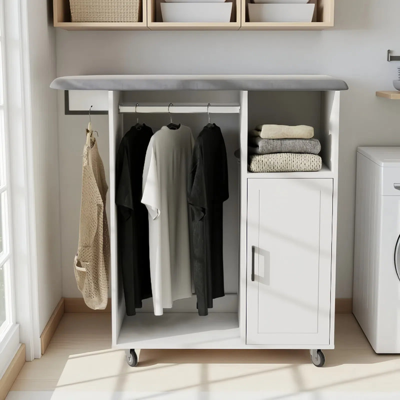 Foldable Ironing Board Cart On Wheels - Space-Saving Rolling Ironing Station With Storage Shelf